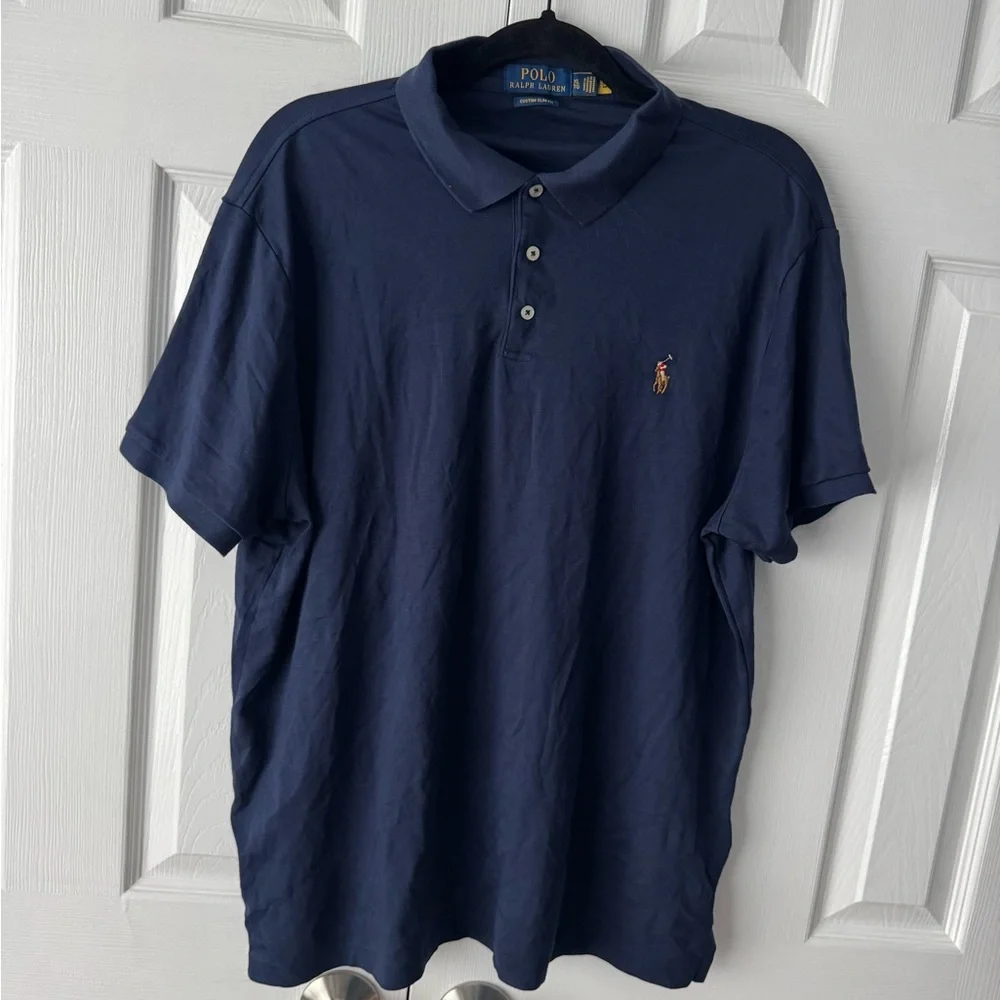 Polo Ralph Lauren Navy Blue Custom Slim Fit Polo Shirt XXL Multicolor Pony Logo
